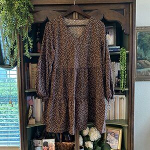 Brown Polka Dot Tiered Babydoll Dress | Long Sleeve | Size L